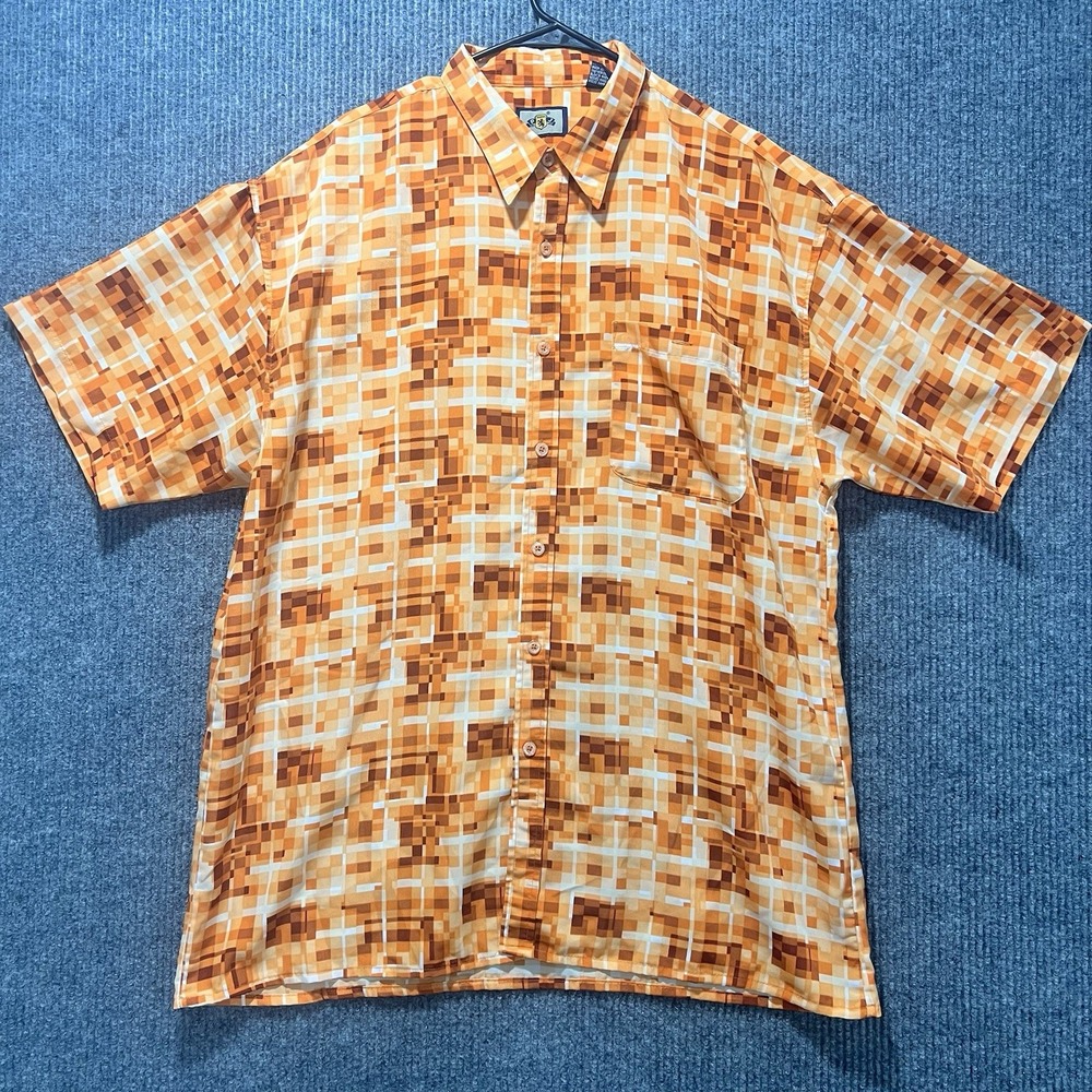 PJ Mark Yellow, Brown &Orange Digi Plaid Men's Button Up Short Sleeve Shirt XL
